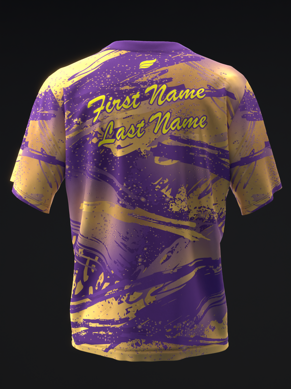 Purple and gold bowling jersey with distressed splatter pattern and name placeholders