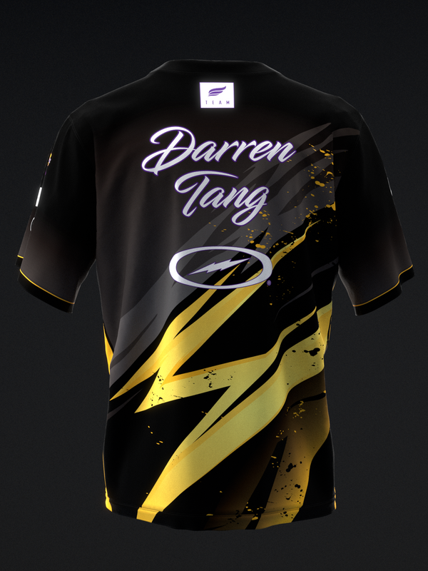 Black bowling jersey with yellow lightning graphic and Darren Tang script text