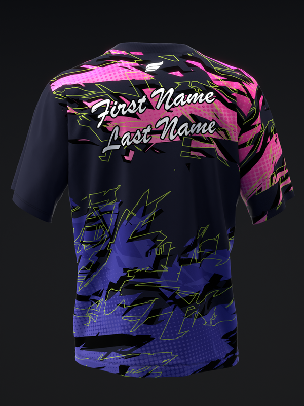 Black bowling jersey with pink and blue abstract graphic design and personalization text