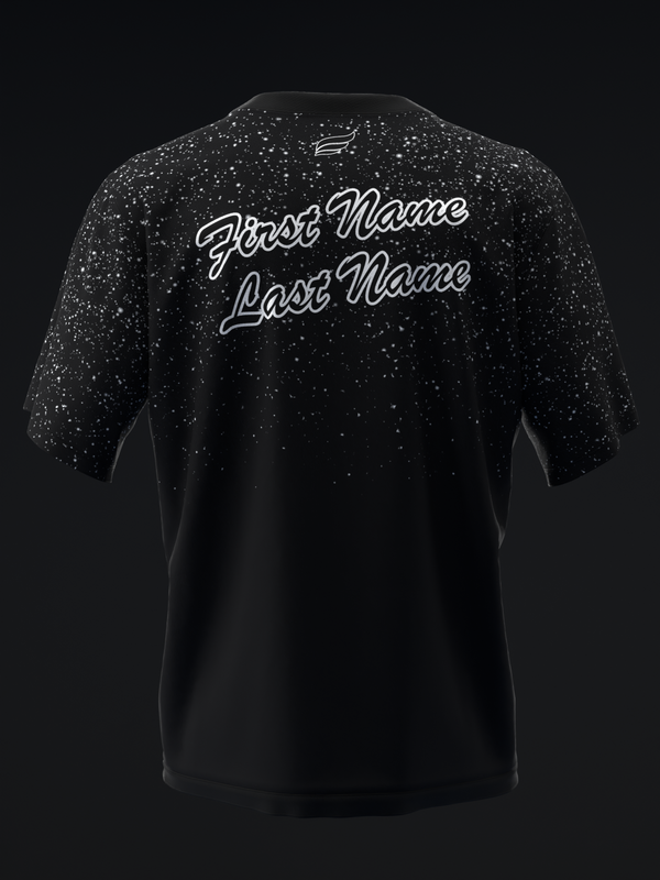 Black bowling jersey with white speckled pattern and personalized name text on back