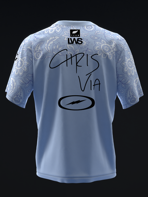 Light blue bowling jersey back view with paisley sleeves and handwritten text graphic