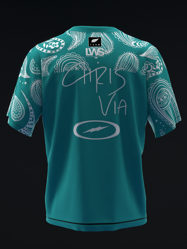 Teal bowling jersey with paisley pattern and handwritten signature graphic, back view
