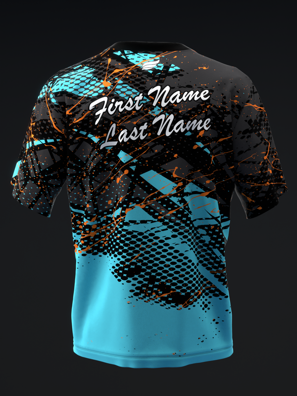 Black and cyan bowling jersey with orange splatter and geometric pattern, front view