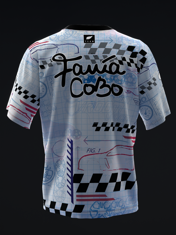 Light blue bowling jersey with checkered flags, technical sketches, and Fania Cobo text, back view