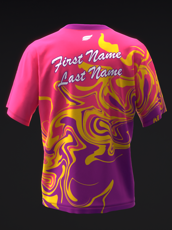 Pink and purple bowling jersey with yellow swirl pattern and personalization text on back