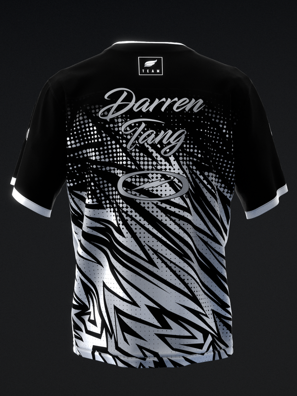Black and silver bowling jersey with geometric lightning bolt pattern on back