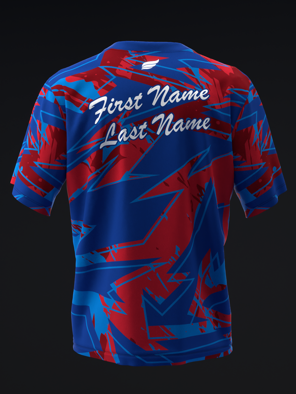 Blue and red swirled bowling jersey back with personalized name text