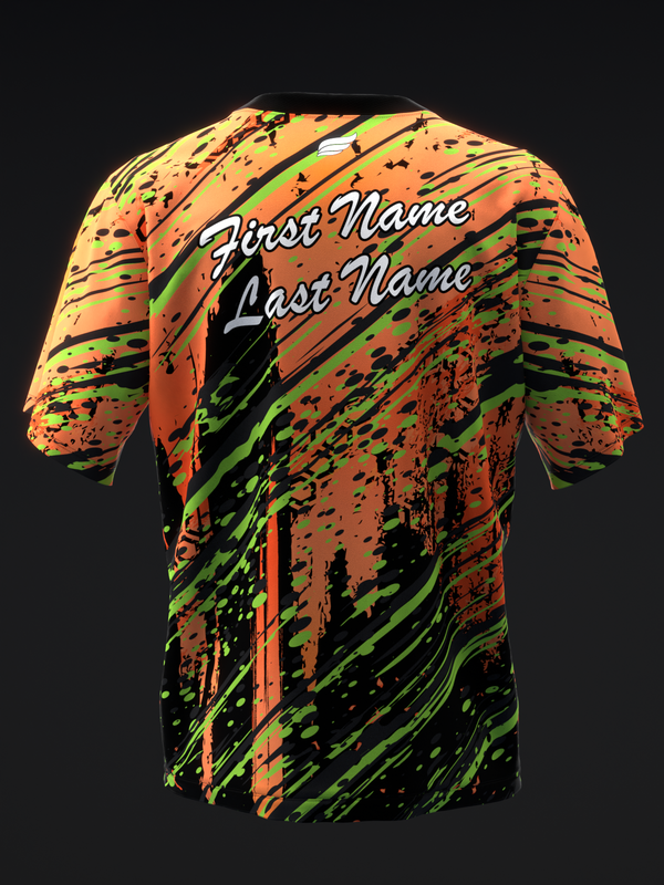 Bowling jersey with orange, yellow, green, and black splatter pattern design