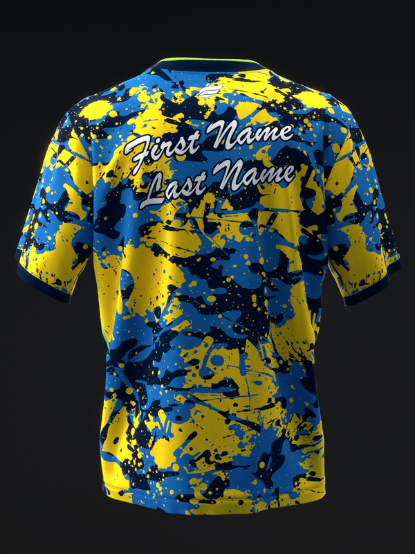 Blue and yellow splatter pattern bowling jersey with personalized name lines