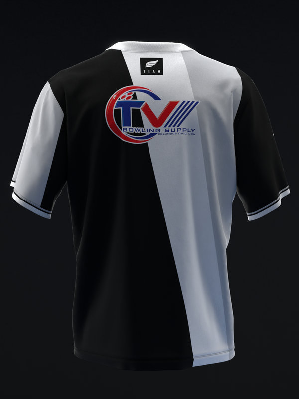 Black and white bowling jersey with red and blue logo graphic on front