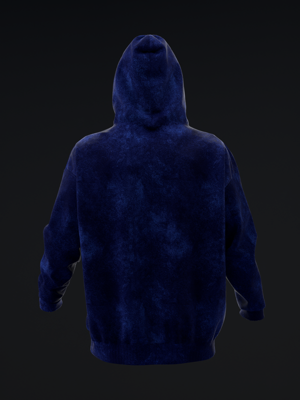 Navy blue velvet pullover hoodie with hood, back view against dark background