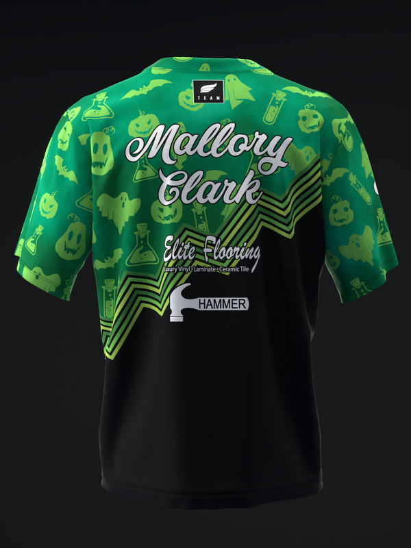 Green and black bowling jersey with Halloween ghost and potion bottle graphics