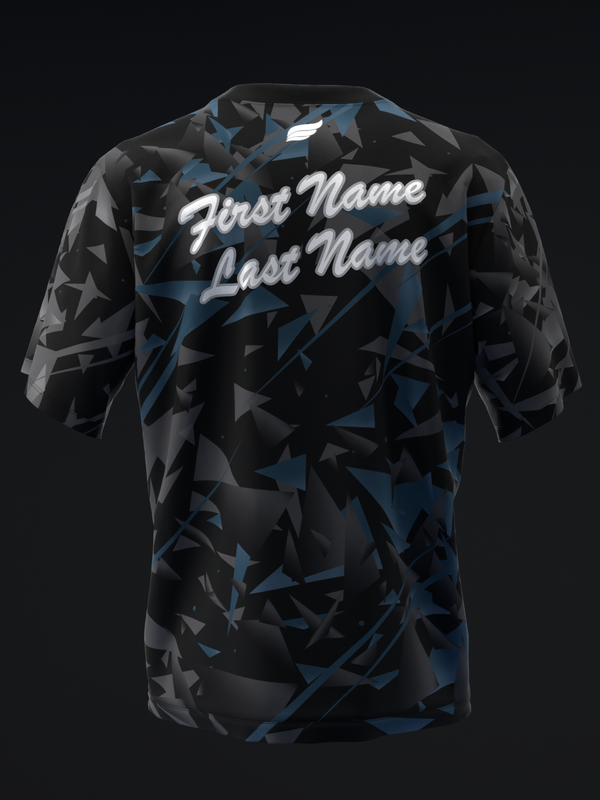 Back view of black bowling jersey with blue and gray geometric pattern and white name text