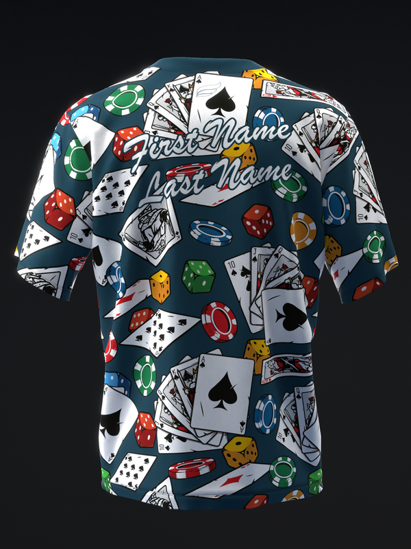 Dark teal bowling jersey with casino-themed all-over print of cards, dice, and chips