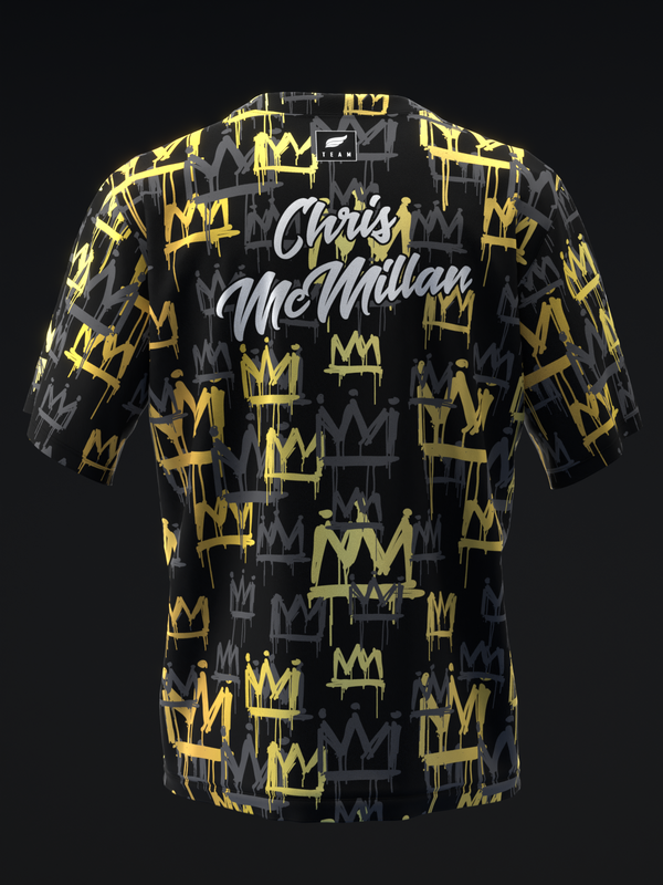 Black bowling jersey with gold and gray crown pattern and Chris McMillan text, front view