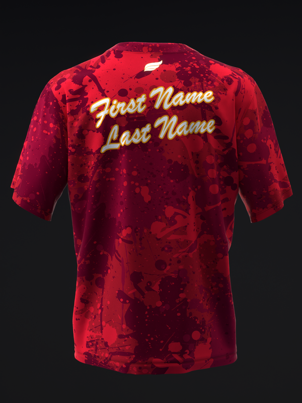 Red bowling jersey with splatter pattern and gold script text on back
