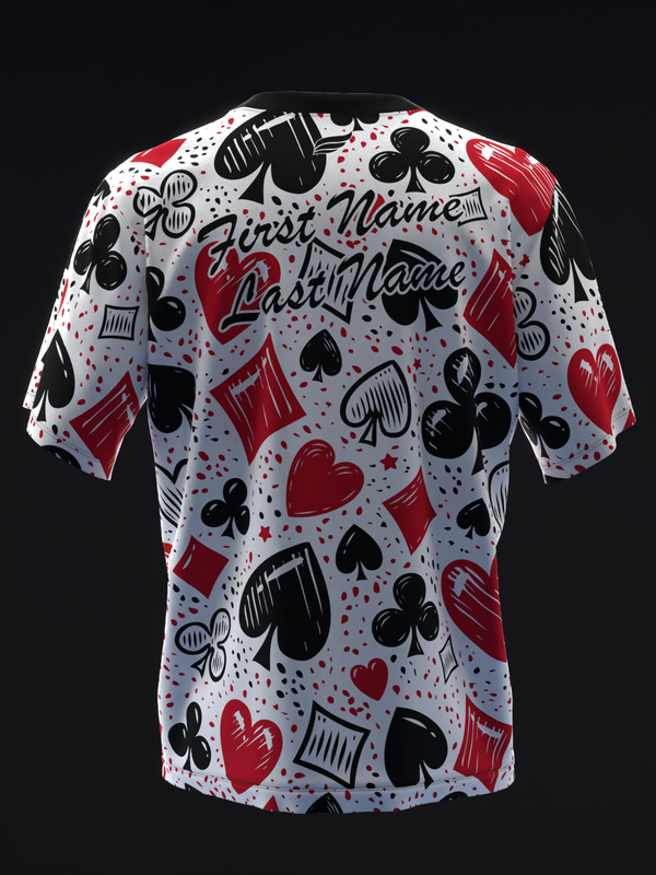 White bowling jersey with red and black playing card suits pattern, back view