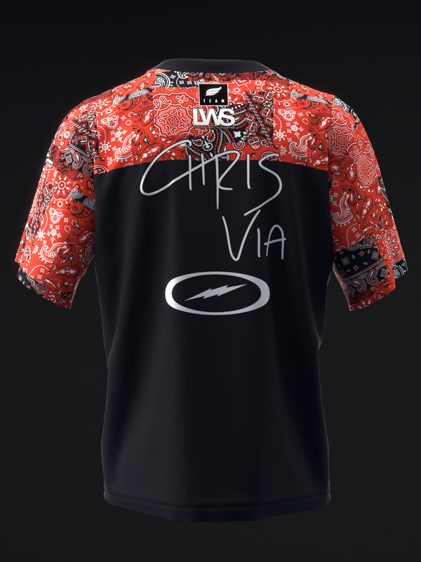 Black bowling jersey with red ornate patterned sleeves and white graphic text