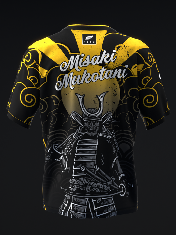 Black and yellow bowling jersey with samurai armor and ornamental spiral design