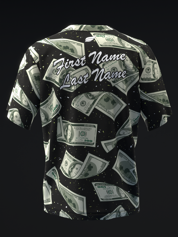 Black bowling jersey with dollar bill pattern and personalization lines on back