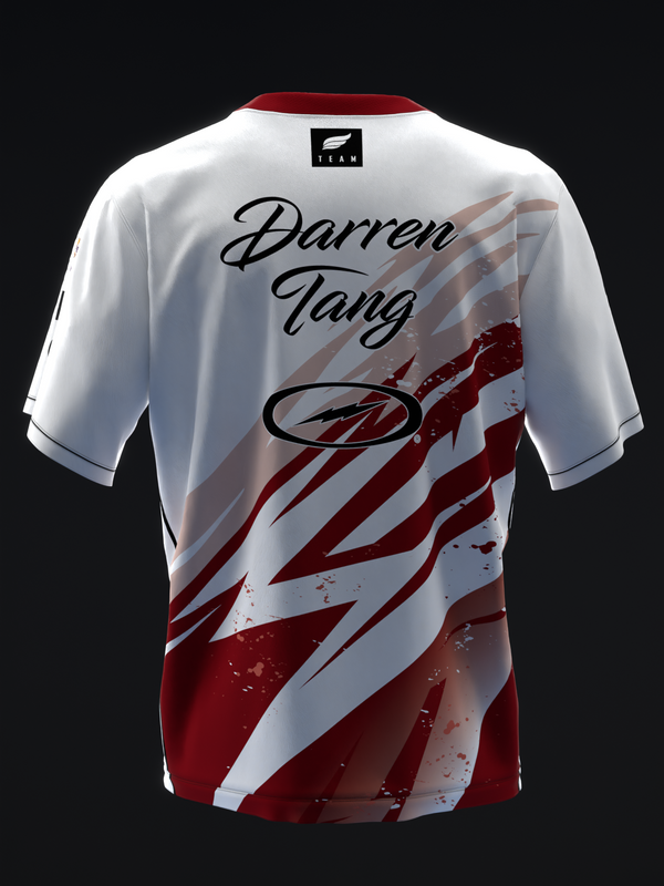 White and maroon bowling jersey with diagonal stripe design and personalized name graphic