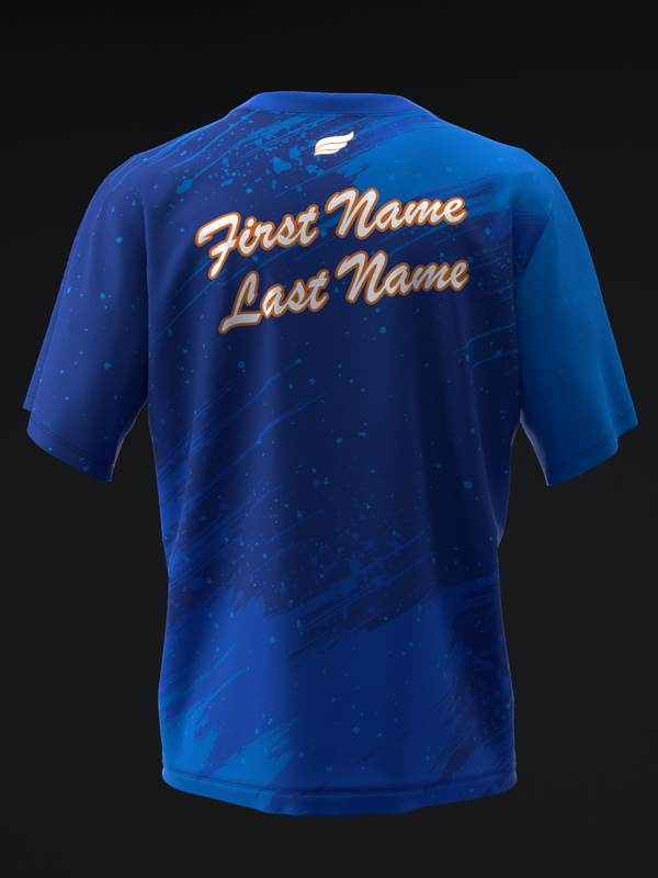 Blue bowling jersey with gold cursive name text on back