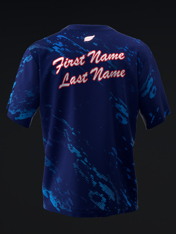 Navy bowling jersey back view with blue distressed pattern and neon name text