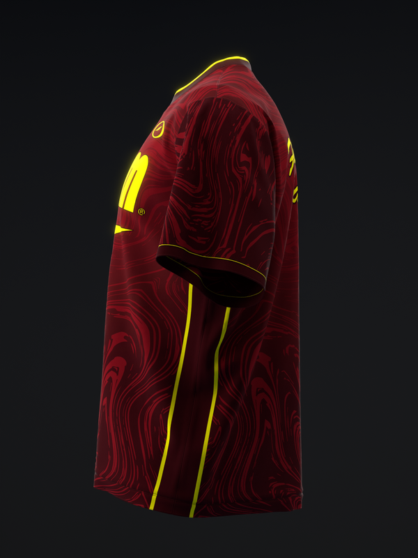 Red bowling jersey with abstract swirl pattern and yellow side stripe detail
