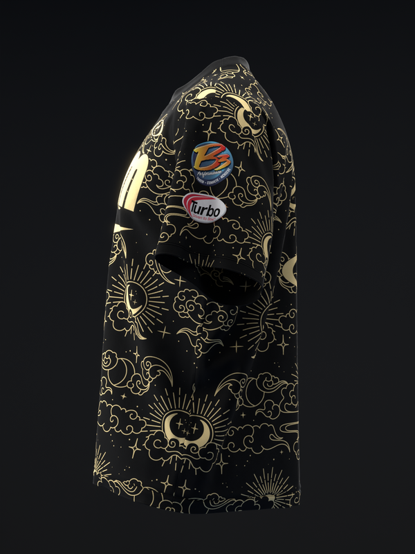 Black bowling jersey with gold celestial pattern and brand logos on front view