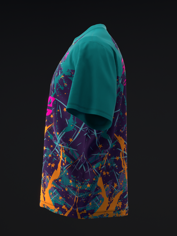 Teal and purple bowling jersey with colorful geometric and star pattern