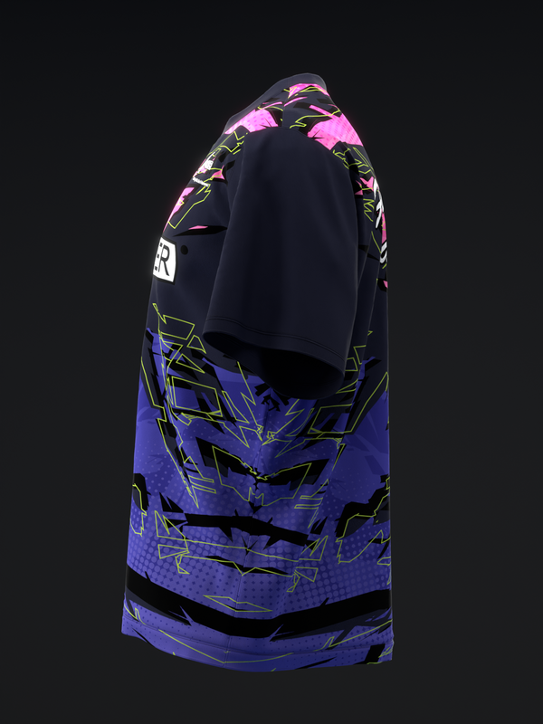 Black and purple bowling jersey with neon geometric pattern and graphic design