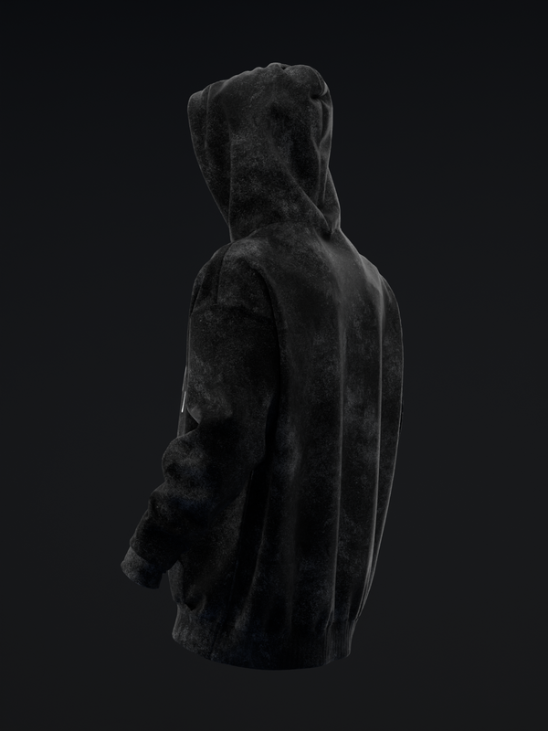 Black pullover hoodie with distressed texture, shown from side view