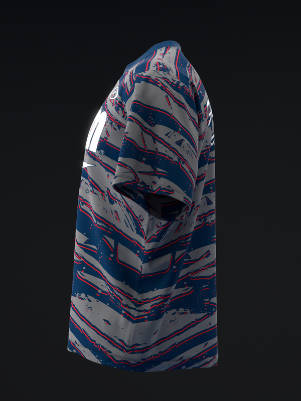 White, blue, and red marbled bowling jersey displayed on side view