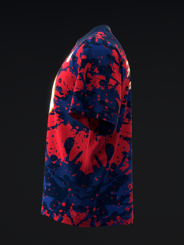 Navy and red bowling jersey with splatter and bowling pin graphic pattern