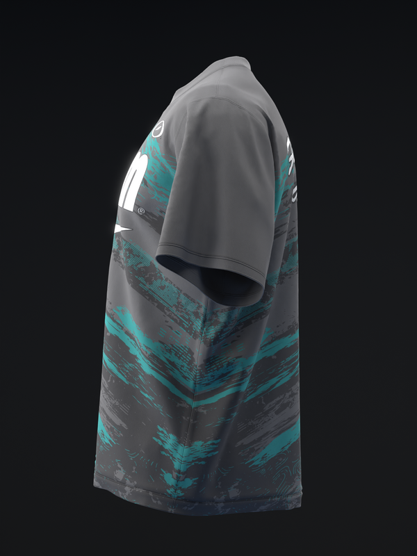 Gray bowling jersey with turquoise and charcoal striped graphic pattern, side view