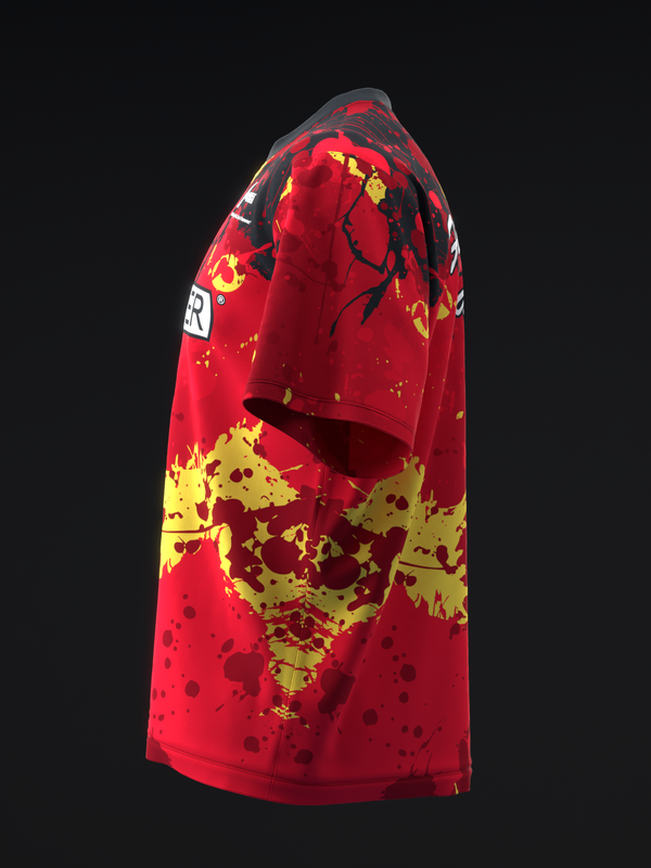 Red bowling jersey with yellow and black splatter pattern design, side view