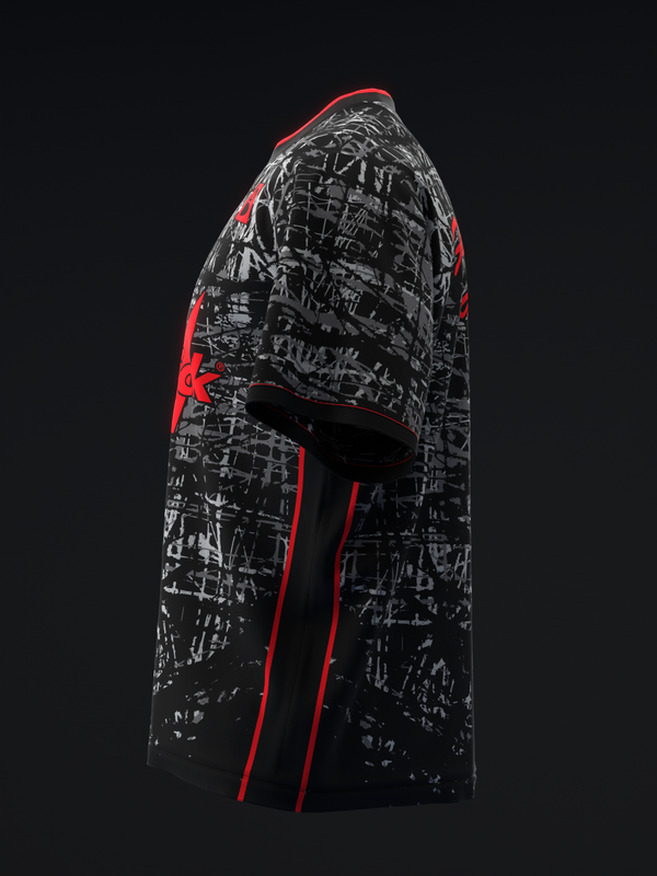 Black bowling jersey with white abstract texture pattern and red accent stripes, side view