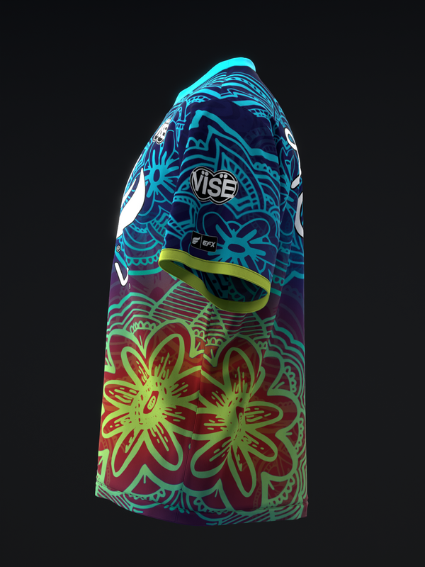 Vise bowling jersey with teal and cyan geometric patterns, red and yellow floral design, side view