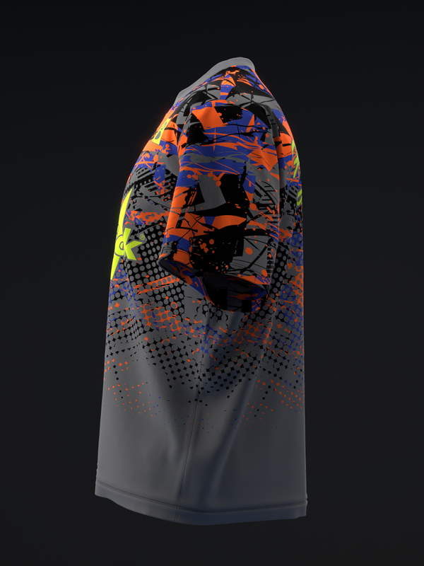 Gray bowling jersey with orange, blue, and neon yellow abstract graphic design, front view