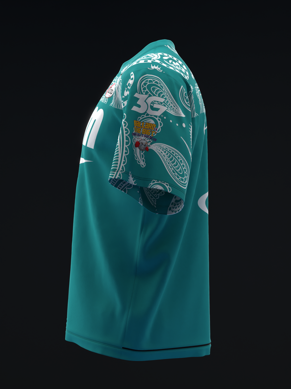 Teal bowling jersey with white and gold paisley design on back
