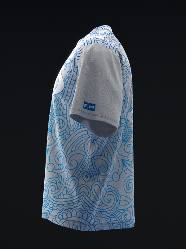 Gray bowling jersey with blue paisley pattern, front side view