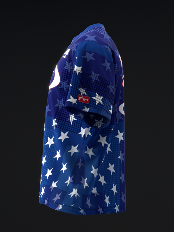 Blue bowling jersey with white stars and EFX logo, side view