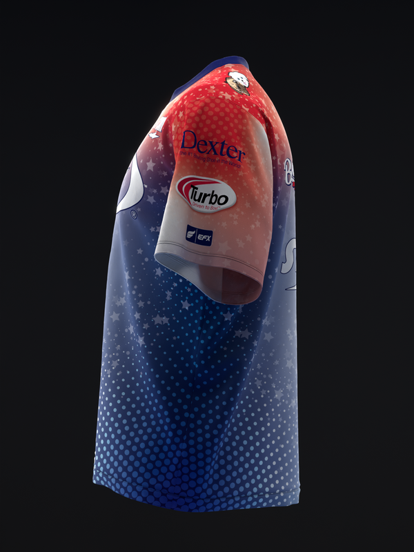 Red, white, and blue bowling jersey with dotted gradient pattern and Dexter branding