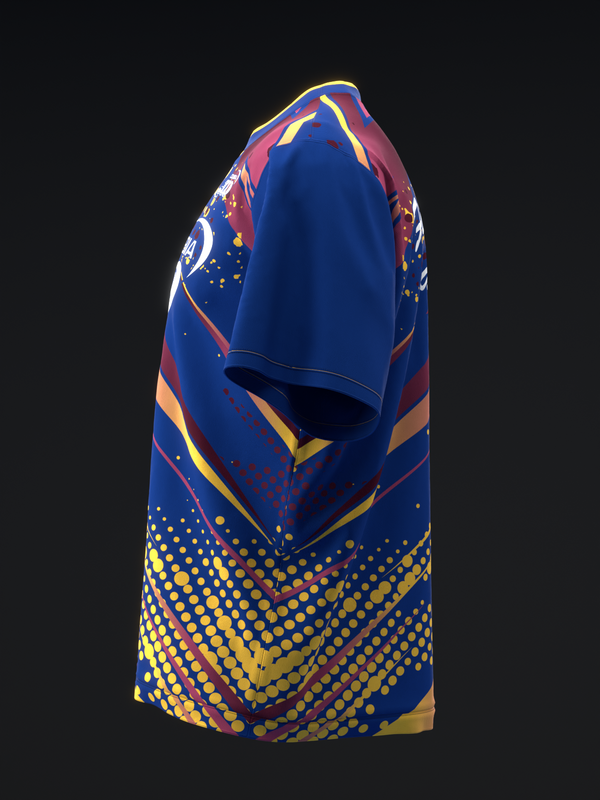 Blue bowling jersey with red, yellow, and gold geometric and dot pattern design