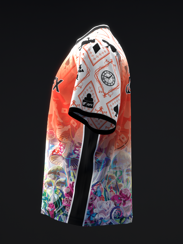 Bowling jersey with coral upper, floral lower half, and geometric center panel design