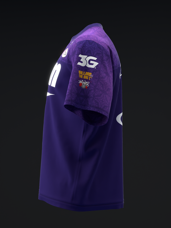 Purple bowling jersey with white "36" and graphic text on front