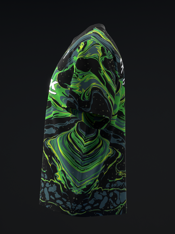 Black bowling jersey with neon green and yellow swirled abstract design front view