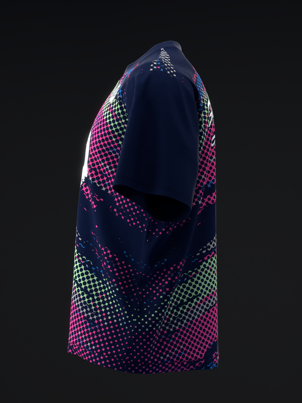 Navy bowling jersey with pink and green gradient dot pattern on sides