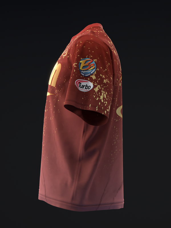 Burgundy bowling jersey with gold spatter pattern and chest logos, side view