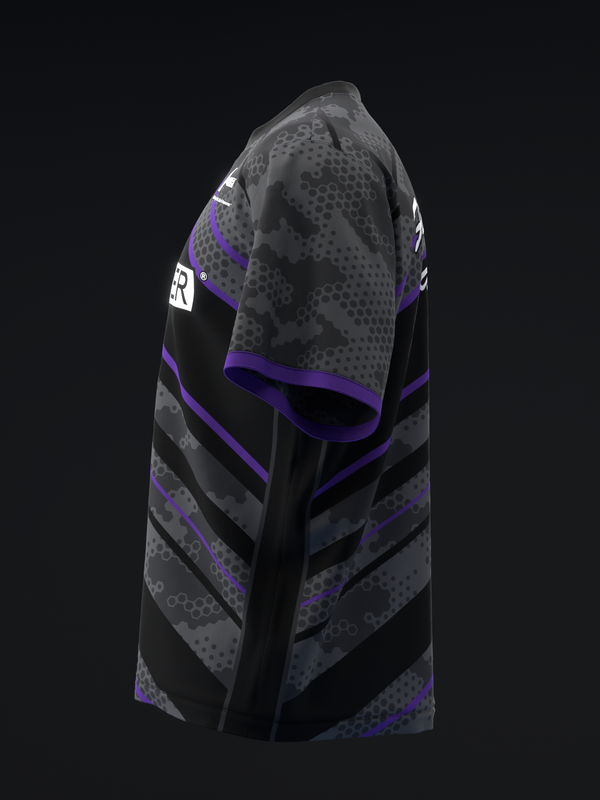 Black bowling jersey with purple stripes and gray hexagonal pattern, side view